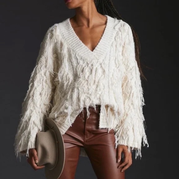 Anthropologie Ivory Fringe V-Neck Sweater Small Textured Pullover - Picture 1 of 12